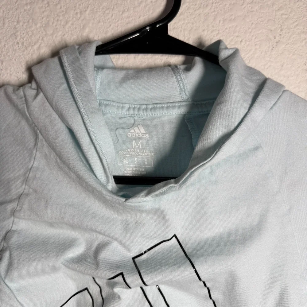 Adidas Hoodie Girl Medium 10/12 Light Blue Graphic Print Spellout Logo Loose Fit